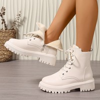 Bottes de combat à plateforme pour femme, doublure en tissu, lacets, semelle épaisse à crampons, fermeture éclair latérale, tige en PU, style motard, hiver, noir