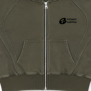 Sweat à capuche zippé court en molleton brossé coton-poly 380 g/m² couleur olive délavée, anti-boulochage, avec poche kangourou et épaules tombantes - Product Image 6