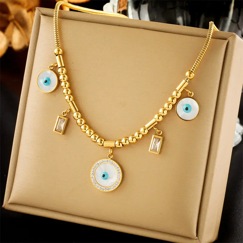 Round Beaded Gold Filling Shiny CZ Eyes Necklace Stainless Steel No Fade Demon Eye Pendant Necklace for Female