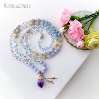 MN34517 Labradorite Aquamarine Agate Mala 108 Butir Manik Amethyst Liontin Yoga Chakra Penyembuhan Perhiasan Boho untuk Wanita