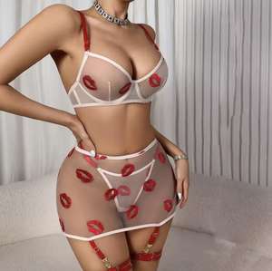 Женское сексуальное белье HXZ4660A для Дня святого Валентина 2026: комплект с вышивкой в виде красных губ, кружевом, сеткой и подвязками, прозрачное, модное, сексуальное белье - Product Image 5