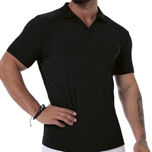 T-shirt de sport pour homme à col en V, manches courtes, fermeture éclair, côtelé, coupe classique, extensible, tricoté, respirant, imprimé - Product Image 5