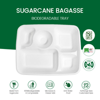 Plateau repas rectangulaire jetable en bagasse de canne à sucre biodégradable à 5 compartiments, design moderne, certifié OK-COMPOST, pour le camping