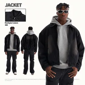 Jaqueta jeans de gola alta para homens, jaqueta de corte com gola quadrada, roupa de rua personalizada para homens, moda de lavagem personalizada