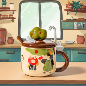 Taza de Cerámica Hecha a Mano con Diseño de Árbol de Manzana, con Tapa y Cuchara, de Alta Calidad, Reutilizable, en Caja de Regalo, para Café y <span class=keywords><strong>Desayuno</strong></span> - Product Image 5
