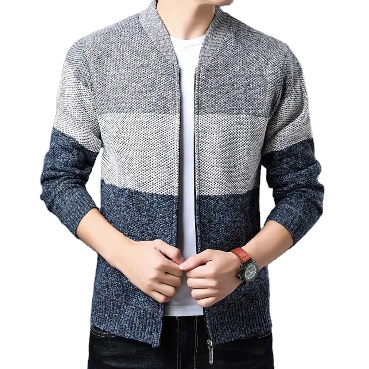 Customized manufacturers winter color-blocking thickening casual sweater cardigan loose fashion zipper knitted men's sweater