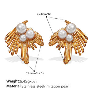 ต่างหูแฟชั่นรูปขนนกประดับมุก ทำจากสแตนเลสสตีล 316L ชุบทอง 14K 18K ไม่หมอง สำหรับผู้หญิง - Product Image 6