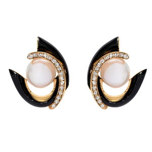 E3653 Orecchini Geometrici Moderni Neri e Oro con Perle Imitate, Gioielli da Festa per Donne - Product Image 1