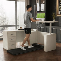 Bureau assis-debout électrique en forme de L, réglable en hauteur, finition grain de bois blanc, avec tiroirs de rangement et armoire, pour bureau à domicile