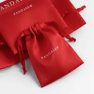 PandaSew Custom Logo White Satin Drawstring Bag Wedding Favor Gift Jewelry Pouch