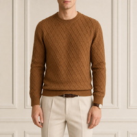Pull pour homme personnalisé avec logo d'usine, col rond, manches longues, tricot torsadé motif losanges, poignets et ourlet côtelés, classique, vente en gros
