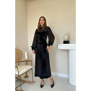 Elegante Vestido Tubo de Terciopelo Negro con Cuello Alto y Capa Transparente, Cintura Natural, para Eventos Nocturnos - Product Image 3