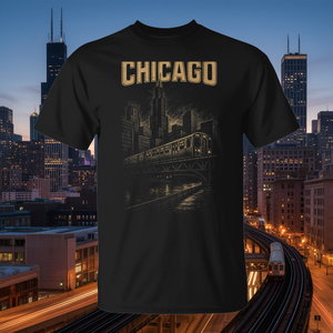 เสื้อยืดวินเทจ Chicago Skyline Urban Rail คอกลม แขนสั้น สำหรับผู้ใหญ่ ทั้งชายและหญิง เสื้อผ้าส่งเสริมการขาย - Product Image 2