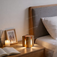 Lampe de nuit en bois massif et résine en forme de cube, lampe d'ambiance LED sans fil à télécommande pour la décoration de la maison