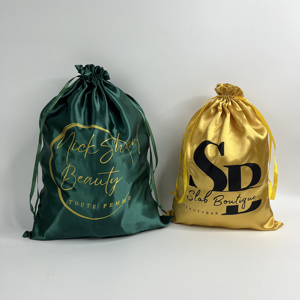 Custom Emerald Green Satin <b>Drawstring</b> Bags with Gold Print - Hair Extension <b>Pouches</b> Microfiber Jewelry <b>Pouch</b> - Product Image 5
