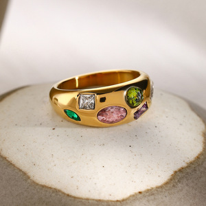 Women's Geometric 18k <b>Gold</b> Plated <b>Ring</b> with Colored Zircon Stones Bezel Setting Fashion Jewelry Gift Jinhua Model JDR2403017 - Product Image 2