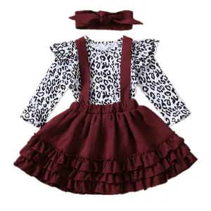 Children Autumn Clothes Baby Girl Long Sleeve Leopard Print Romper Suspender Ruffles Skirt Hairband Set