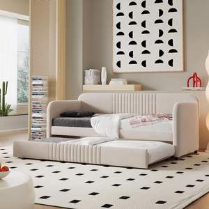 Sofá <span class=keywords><strong>Cama</strong></span> Doble Tapizado en Terciopelo Beige con <span class=keywords><strong>Cama</strong></span> <span class=keywords><strong>Nido</strong></span> y Base de Listones de Madera, No Requiere Box Spring - Product Image 2