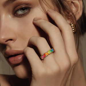 Bague d'éternité ovale luxueuse en zirconium arc-en-ciel, plaquée or 18 carats, en laiton, avec plusieurs pierres précieuses, pour fiançailles et mariage, pour femme - Product Image 2