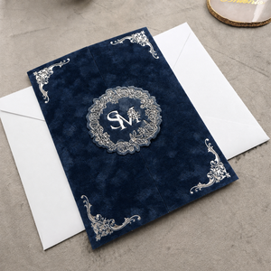 Luxury Eco-Friendly Embossed Monogram Velvet Letterpress Printed Invitation Cover Silver Filigree Corners Tri-Fold Design - Product Image 5