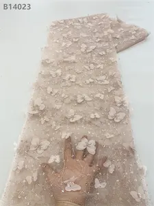 CHOCOO kain renda manik-manik bordir Nigeria kupu-kupu 3D kualitas tinggi bahan renda jala payet persik