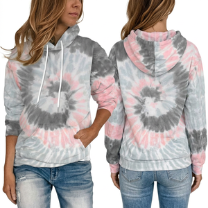 Sweat-shirt à capuche oversize en molleton tie-dye rose et gris pour femme, avec cordon de serrage, manches longues et poche avant - Product Image 2