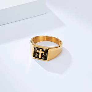 Men's <b>Titanium</b> Steel Cross <b>Ring</b> Square Geometric Design Index Finger Fashion Jewelry Gift Gold Black Steel Color - Product Image 3