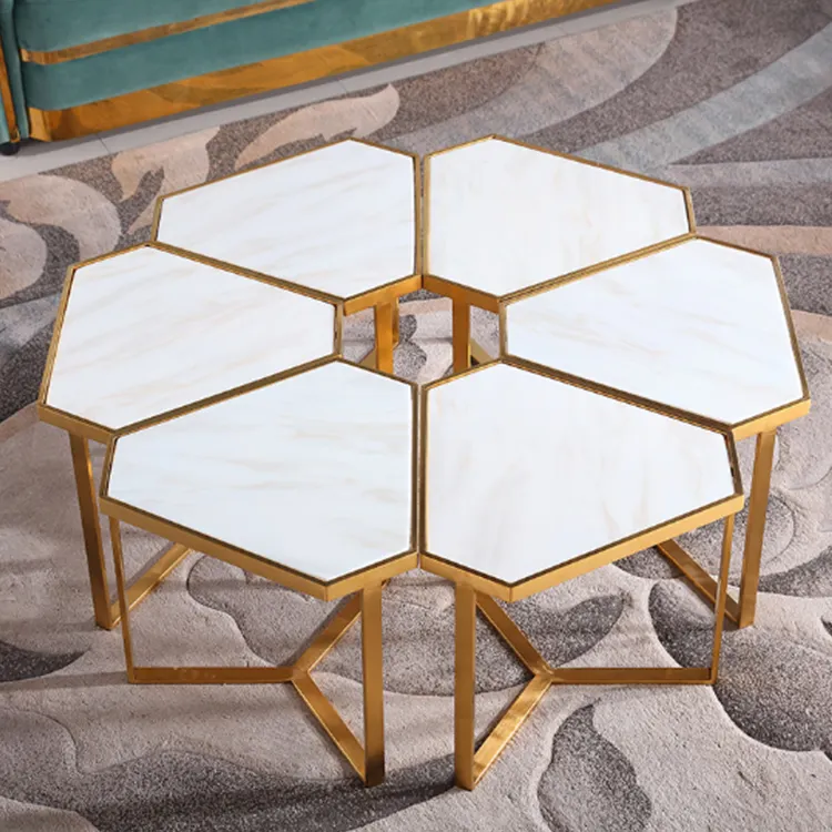 Personalizado de mármol en forma de flor juegos de mesa de café de muebles de sala de mesa de acero inoxidable