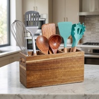 Boîte de rangement pour ustensiles de cuisine en bois d'acacia personnalisée, avec séparateur amovible, plateau de rangement en bois avec poignée