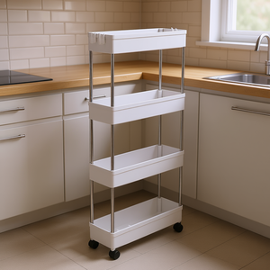 Carrito de Almacenamiento de Plástico Blanco de 4 Niveles con Estructura de Acero Inoxidable, Estantería Móvil para Cocina, Lavandería, Organizador para Espacios Estrechos - Product Image 2