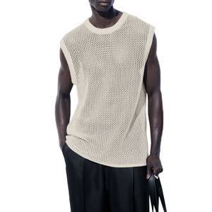 Camisa sin mangas de algodón 100% vintage casual para hombre con cuello acanalado y diseño de red, talla grande, venta al por mayor - Product Image 2