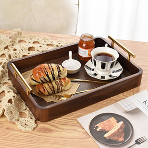 Plateau de service en bois de noyer noir pour la maison, l'hôtel et le restaurant, plateau en bois avec poignées métalliques - Product Image 2