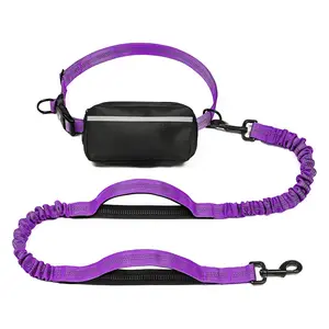 Durable Reflective Nylon Bungee Hands Free Dog Waist Leash With Zipper Pouch For Running Walking Hiking