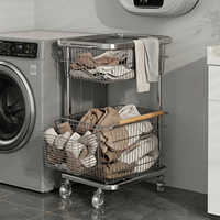 Panier à linge portable à 2 niveaux en acier inoxydable 304 sur roulettes pour salle de bain et buanderie