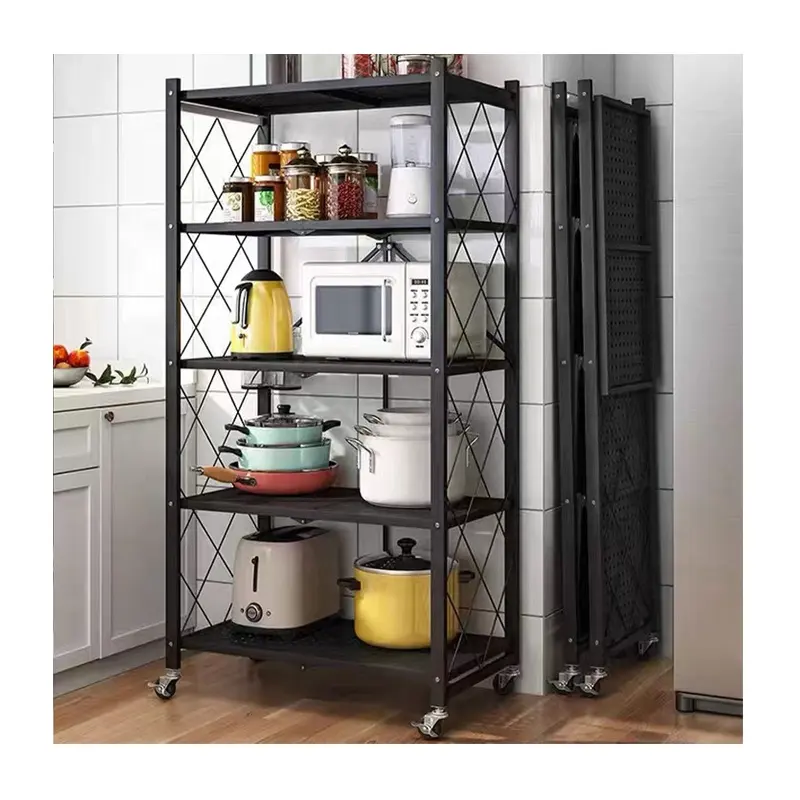 Lihangrui Folding Storage Rack Home Storage Foldable Kitchen Display Rack Shelf with Wheels Kitchen Organizer Shelf