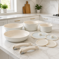 Ensemble de 11 ustensiles de cuisine minimalistes durables antiadhésifs avec poignée détachable, couvercle en verre, design empilable, crème mouchetée