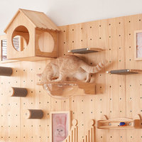 Meilleures ventes usine : Arbre à chat moderne de luxe en bois massif, structure murale d'escalade avec panneau perforé, trampoline intégré et nid en carton