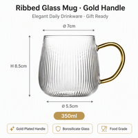 Mug en verre borosilicate côtelé 350 ml, compatible micro-ondes et lave-vaisselle, tasse à thé en verre transparent avec poignée dorée pour ensemble cadeau en gros