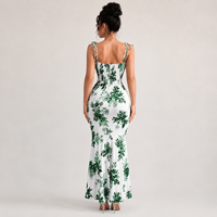 Fabrication de vêtements OEM, robe sur mesure, imprimé floral blanc et vert, sans manches, ajustée, fendue, maxi robe