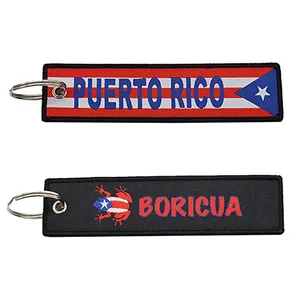 Custom Fashion Fabric Woven Logo Keychain Jet Tag Puerto Rico Flag and Coqui Key Keychain - for Motorcycle, Cars, Scooters