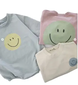 Hot Sale High Quality Organic Cotton Smiling Face Color Print Baby Clothes Button Solid Round Neck Sweater Cotton Baby Bodysuit