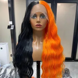 Peruca cosplay longa encaracolada, peruca de cabelo sintético extra ondulado com 28 ", fibra resistente ao calor, meia preta ou laranja