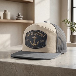 Casquette de camionneur personnalisée bleue à visière plate en maille avec détail corde et logo brodé, casquette de pêche d'extérieur, vente en gros - Product Image 5