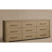 Commode à 9 tiroirs en bois massif, style moderne minimaliste, en chêne, avec poignées fines en laiton, grand espace de rangement pour chambre et salon