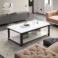 Table basse moderne aspect marbre, plateau en MDF stratifié, étagère de rangement, structure en métal noir, mobilier de salon, fabricant grossiste