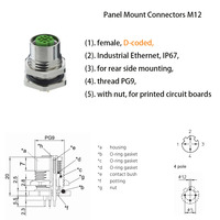 Conector de Alimentación DIN M12 para PCB, Codificación A/B/D, 3/4/5/6/8/12 Polos, Macho/Hembra, Montaje Trasero Lateral, Rosca PG9, para Placas de Circuito Impreso