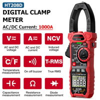 Multimètre à pince numérique HT208D 1000A AC DC Courant réel RMS avec rétroéclairage bicolore, capacité, température, testeur de tension à pince NCV OEM