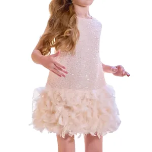 High Quality Girls Summer Sleeveless Sequin Feather A-Line Dress For Birthday Party