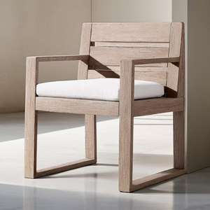 Chaise de jardin minimaliste en teck avec coussin blanc, mobilier d'extérieur, structure en bois durable, pieds effilés - Product Image 1