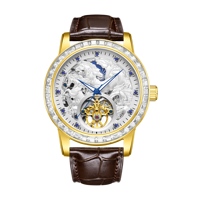 Jam Tangan Pria Mewah Model Flywheel Kristal Emas Tali Kulit Otomatis Mekanik Bercahaya Sport Stainless 20mm